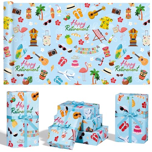 Happy Retirement Gift Wrapping Paper Roll - 17'' x 16.4ft Hawaiian Themed Paper Roll | Cheers to Retirement Design | Vibrant Gift Wrap for Parties, Coworker Favors, Celebration Decor