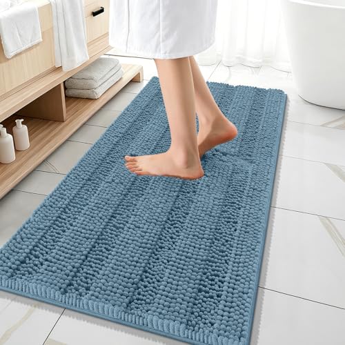 Image of OLANLY Thick Bathroom Runner Rugs 47x20, Extra Absorbent Chenille Striped Bath Rugs, Rubber Backing, Machine Wash Dry, Long Bath Mats for Bathroom, Tub and Shower, Home Decor Accessories, Airy Blue