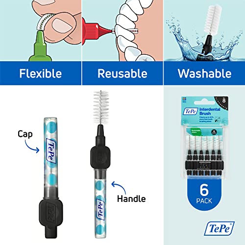 Image of TePe Interdental Brush Original, Soft Dental Brush for Teeth Cleaning, Pack of 6, 1.5 mm, Extra-Large Gaps, Black, Size 8