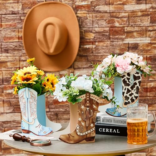 Image of 12 Set Western Boots Flower Boxes Centerpiece Boot Shape Gift Boxes Party Decoration Vase Centerpieces for Tables Boots Rodeo Birthday Baby Shower Supplies(Western Blue,Cow)