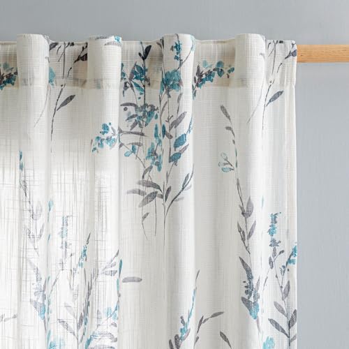 Image of MYSKY HOME Floral Sheer Curtains 63 Inch Long Linen Blended 2 Panels Teal | Bedroom Living /Dining Room Floral Light Filtering Curtains Patterned Privacy Protect Farmhouse Window Treatment 50 inch W