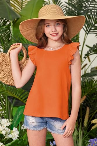 Image of BesserBay Girls Criss Cross Back Flutter Sleeve Crew Neck Tank Tops Back Elastic Lightweight Solid Blouse 5-14 Years