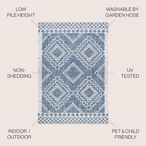 Image of JONATHAN Y Diamond Tribal Medallion Indoor Outdoor Area Rug 5X8 Blue /Ivory, Marokko for Backyard, Patio, Porch, Easy-Cleaning, High Traffic, Pet-Friendly, Non-Shedding (SMB127D-5)