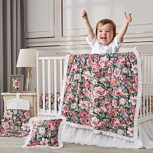 Brandream Allure Floral Crib Bedding Sets For Girls | 3-Piece Blossom Nursery Baby Bedding Set | Crib Comforter, Fiited Crib Sheet, White Tulle Lace Crib Bed Skirt, Pink Purple Green #TOP5