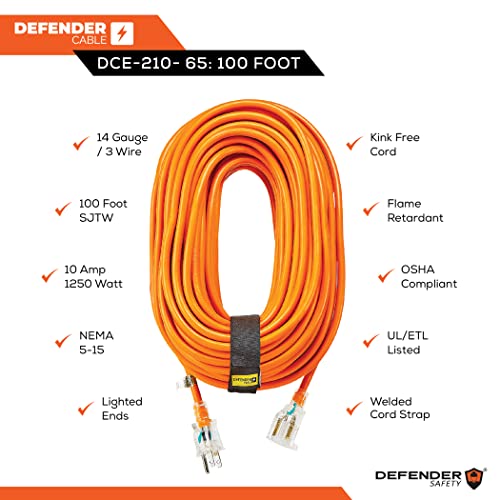 Defender Cable 14/3 Gauge, 100 Ft Sjtw Contractor Grade Extension Cord, With Lighted End,Ul/Etl Listed, All Purpose (Osha Compliant) #TOP4