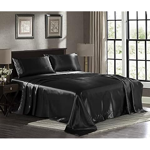 Satin Sheets Full [4-Piece, Black] Hotel Luxury Silky Bed Sheets - Extra Soft 1800 Microfiber Sheet Set, Wrinkle, Fade, Stain Resistant - Deep Pocket Fitted Sheet, Flat Sheet, Pillow Cases Cover