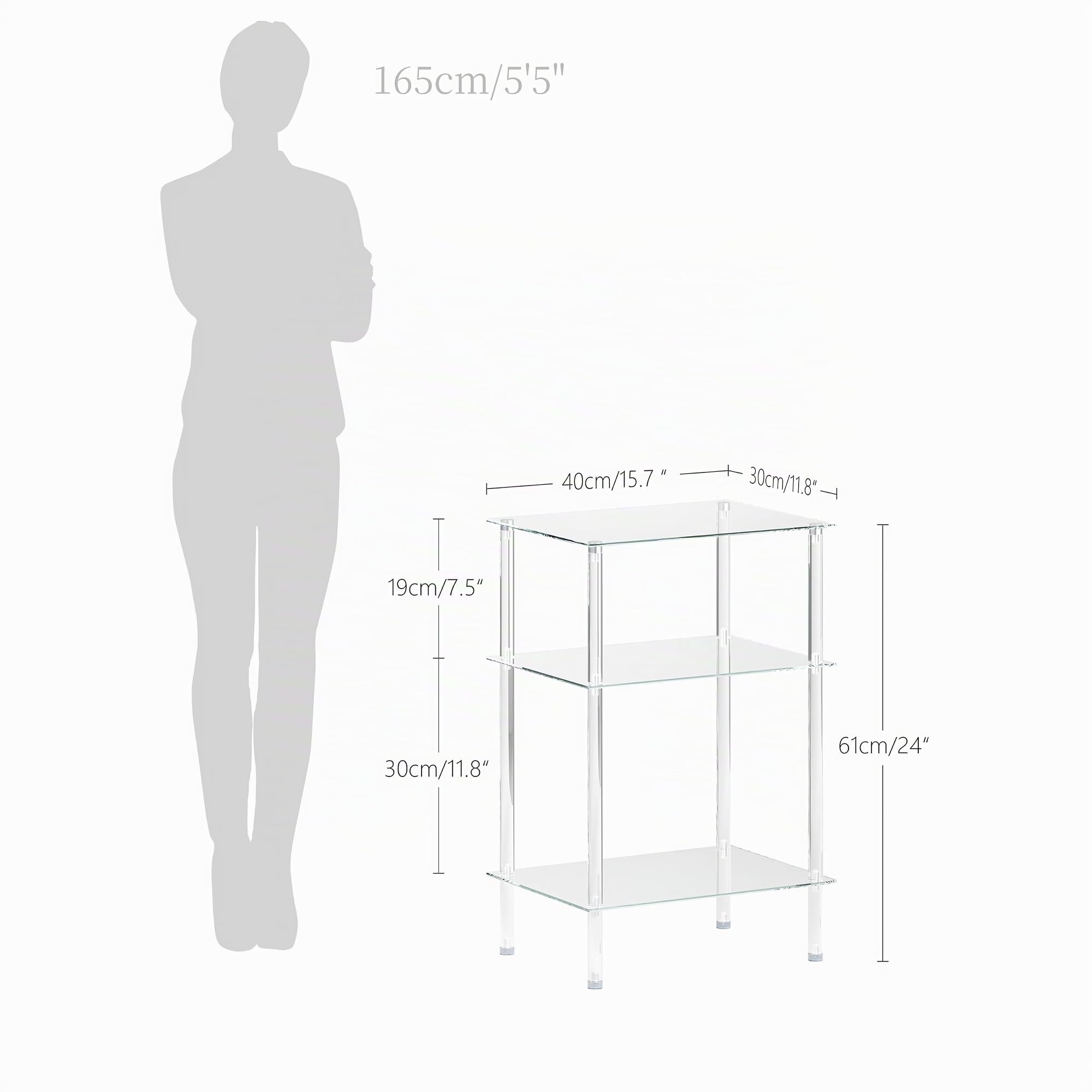 Mesa de Centro Cuadrada Mesa de Cristal Transparente con 3 Niveles Mesas Auxiliares para Salon y Dormitorio Diseño Elegante LET519TR