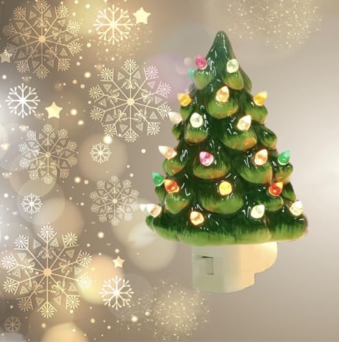 JILGEIER Luz nocturna para árbol de Navidad, luz nocturna de Navidad vintage con nieve decorativa, luz nocturna decorativa para árbol de Navidad, bonita luz decorativa de Navidad de resina para