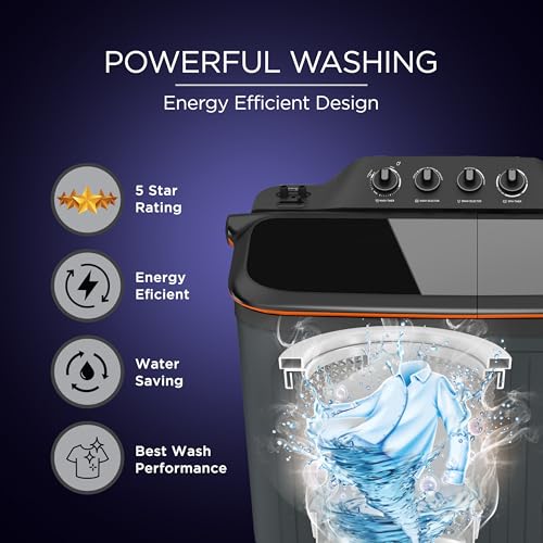 Image of Lloyd 8 kg 5 Star Semi Automatic Top Load Washing Machine |Toughened Glass Soft Closing Wash & Spin Lids (GLWMS80AVGEL, Dark Grey)