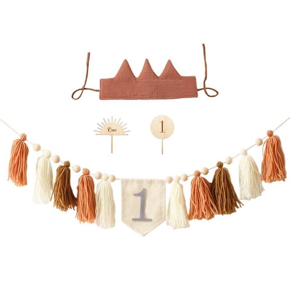 Baby First Birthday Decorations High Chair Banner with Crown and Cake Topper Party Supplies