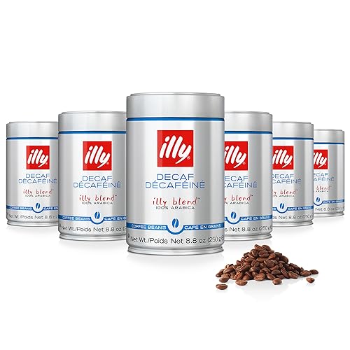illy Café en grano entero, perfectamente tostado, tostado descafeinado clásico, con notas de caramelo, pan tostado y chocolate, 100% granos arábica, sin conservantes, 8.8 onzas, paquete de 6
