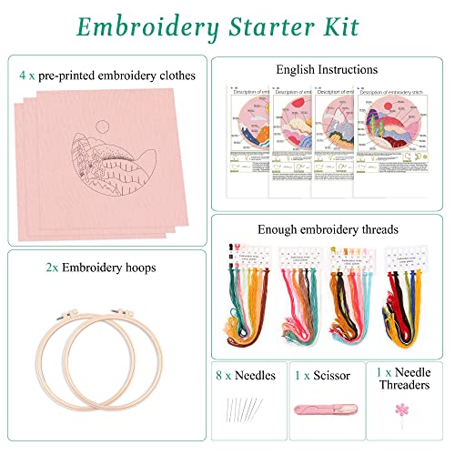 Harimau 4Pcs Beginner Embroidery Kit,Natural Landscape Pattern,Cross Stitch Kits, Including Stamped Embroidery Cloth With 2 Embroidery Hoops, Multicolor Color Threads For Embroidery Kits #TOP1