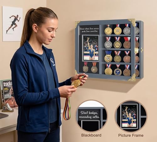 Image of Challenge Coin Display Case, Lighted Modern Coin Holder with Photo Frame, Wall Mount Shadow Box with Removable Shelves, Minimalist Home Office Decor, Memorial Gift for Men, Collectors, Gray