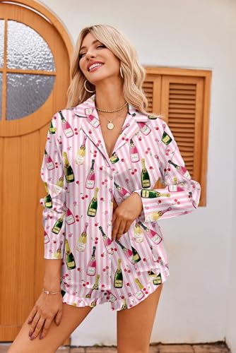Image of Ekouaer Womens Satin Pajama Sets Cute Button Down Silk Pjs with Ruffle