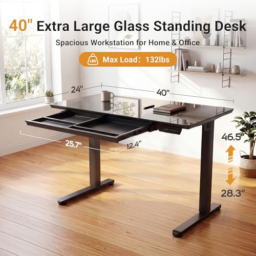 Image of YDN Glass Standing Desk with Drawer, 40 x 24 Inches Electric Adjustable Height Desk, Sit Stand Home Office Desk with Tempered Glass Top, 4 Memory Presets Ergonomic Computer Desk, Black
