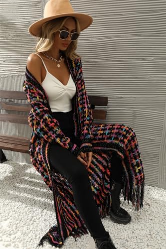 Womens Boho Cardigan Sweater Maxi Long Colorful Fringed Tassels Knitted Cardigan Jacket Outwear4