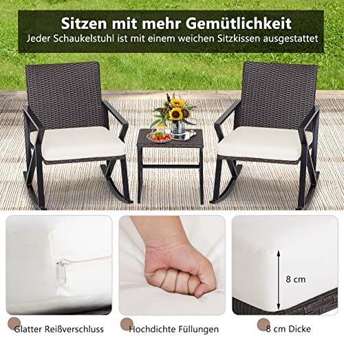 COSTWAY 3TLG. Gartenmöbel-Set aus PE-Rattan, 2 Schaukelstühle mit Kaffeetisch & Sitzkissen, Terrassenmöbel Balkonmöbel Sitzgarnitur für Garten, Terrasse, Balkon – Bild 4