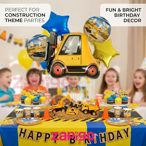 Image of Balloonistics Forklift Construction Theme Birthday Balloon Bouquet | Construction Birthday Party Decoration | Industrial Vehicle Party Balloon Set | Pack of 5