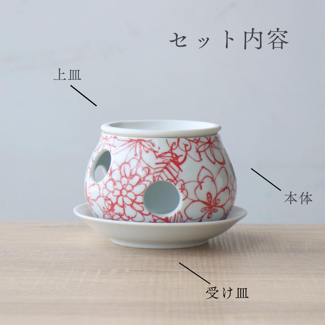 Amazon.co.jp: 茶香炉 アロマポット 陶器 有田焼 赤 花柄 アロマ