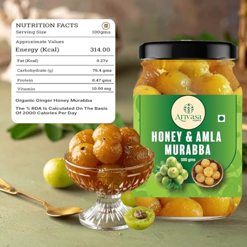 Image of Arivasa Organics Amla Murabba with Honey (500g) Natural & Fresh Indian Gooseberry Marmalade | Healthy & Sweet Snack for Digestion, Immunity & Overall Well-Being (No Artificial Preservatives or Flavors)
