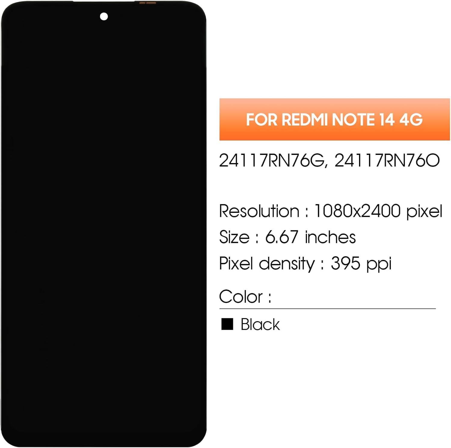 Pantalla LCD para Xiaomi Redmi Note 14 4G 24117RN76G 24117RN76O 6,67 Pulgadas LCD Pantalla Táctil Digitalizador Asamblea con Herramientas (Negro sin Huellas, Paso 5G, No para 24117RN76E)