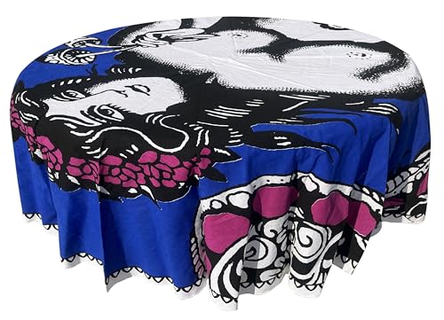 Image of RHF Royal Home and Fashion Dining Round Tablecloth 100% Cotton Multicolor Floral Bird Printed 4-6 Seater Round Table Cover with White Fringed Lace Border 75 inch Blue Multi