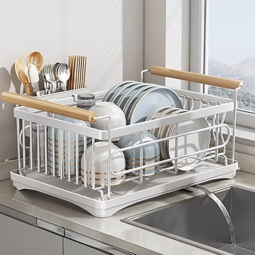 Escurridor De Platos, Rejilla Para Secar Platos, Escurridor Con Bandeja De Goteo Extraíble, Mango De Madera, Para Fregadero Con Soporte Para Cubiertos Para La Encimera De La Cocina,B-46cm/18.1in