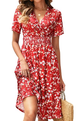 HEBELD Womens Midi Floral Dress - Short Sleeve Wrap V-Neck Summer Dress with Smocked Waist - A-Line Spring Dress with Pockets