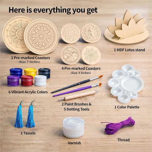 Image of Mind Pilot Dot Mandala Coaster Painting Kit for Adults | 4 Pre-Marked 4 inch + 2 Pre-Marked 7 inch MDF Coasters & Hangings | Lotus Stand | 6 Acrylic Paints, Dotting Tools & Brushes | DIY Home Decor & Return Gift | Beginner Friendly