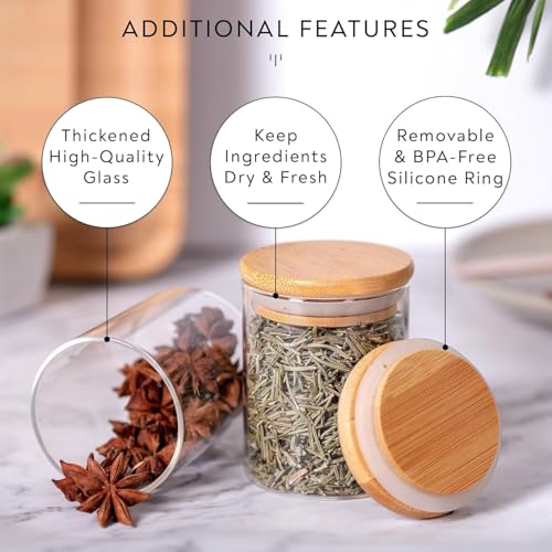 Image of VILON 6oz(220ml) 12-Pack Glass Jars Set, Cylinder Spice Jars with Bamboo Lids and Labels, Food Storage Container Canisters for Home Kitchen, Spice, Herbs, Seasoning, Seed, Tea, Sugar, Salt