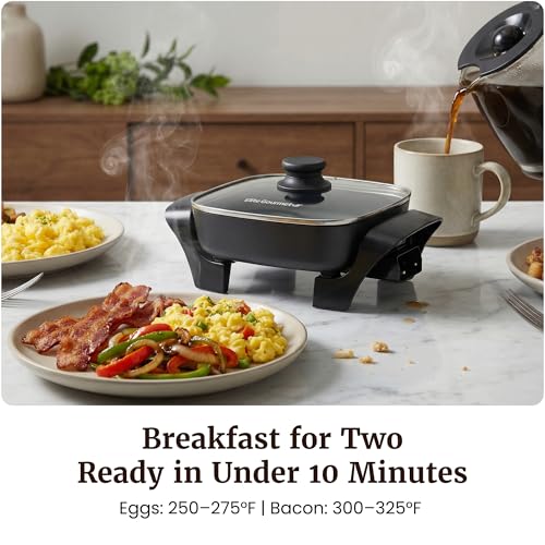 Image of Elite Gourmet EG808C Electric Skillet 8 inchx8 inch PFAS-Free Ceramic Non-Stick, Tempered Glass Vented Lid, Removable Thermostat 200-400F, Dishwasher Safe, 2.5-Qt Capacity for One-Pot Meals, Black