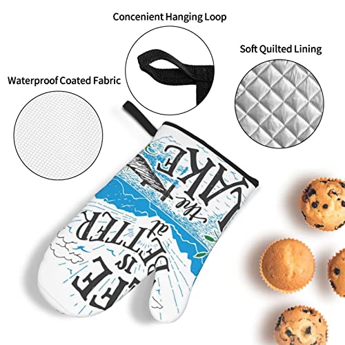 Life Is Better At The Lake Pier Plants Mountains Oven Mitts And Pot Holders Sets Of 4，Heat Resistant Kitchen Microwave Gloves And Pot Pads With Non-Slip Surface For Grilling Baking Cooking Bbq #TOP3