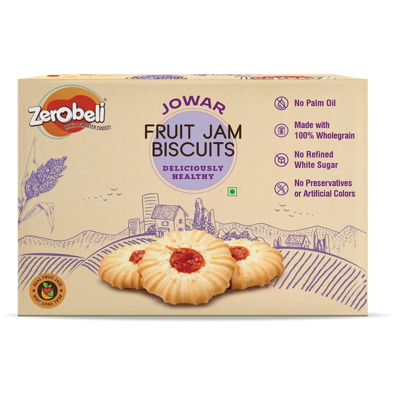 Zerobeli Jowar Fruit Jam Biscuit 350g |Premium & Healthy Snack | Perfect Snacks for kids | Tea-Time Treat | Delicious & Crunchy Biscuits | No Maida, No Preservatives | High in Fiber & Protein
