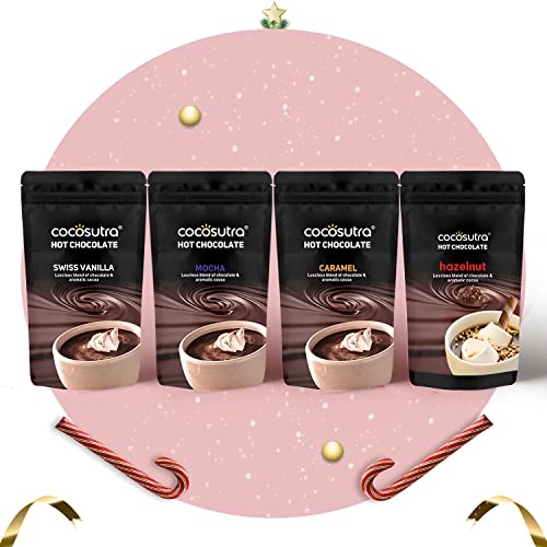 Image of COCOSUTRA Hot Chocolate Christmas Celebration Gift Combo | Swiss, Mocha, Caramel & Hazelnut 100gm Drinking Chocolate with 2 Candy Canes | 400gm Assorted Hamper