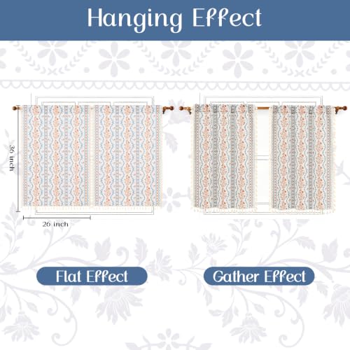 Image of Yinhua Boho Kitchen Curtains 36 Inch Length Vintage Linen Cafe Curtains Light Filtering Bohemian Floral Tier Rod Pocket Farmhouse Rustic Tassel Small Drapes with Tiebacks, 2 Panels, Blue Orange Floral
