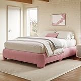 ZENBEDING Cloud Platform Bed Frame Queen Size, Soft Boucle Bed Frame with Round Corner, Upholstered Queen Bedframe with Heavy Duty Wood Slat, No Box Spring Needed, Easy Assembly, Pink