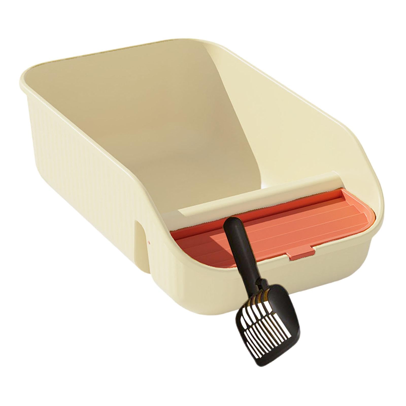 ????? Cat Litter Box for Indoor Cats with Scooper Bedpan Large Semi Closed Anti Splashing Open Top High Sides for Rabbits Kitten, Beige