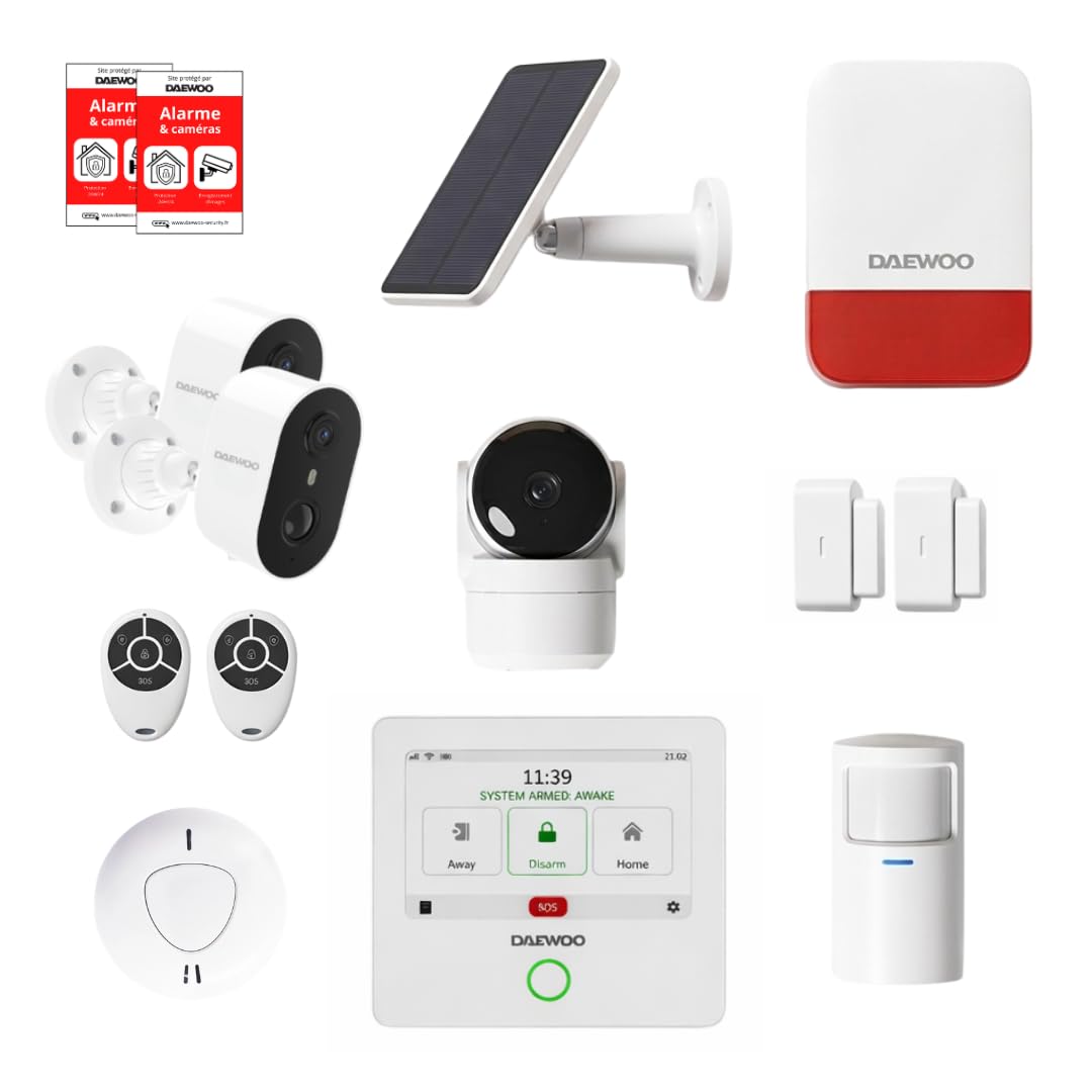 Pack Alarme Maison Connectée Touch Pro – sans Abonnement avec Caméra Intérieure HD, 2 Caméras Extérieures, Sirène Solaire, Détecteur de Fumée, 2 Capteurs de Porte – Alexa & Google Home