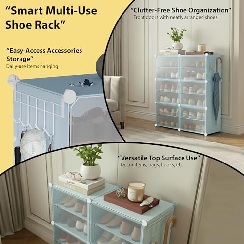 Image of ALOXE DIY Foldable Shoe Rack | 4 Layer Plastic Shoes Rack with Door Cover | Multipurpose Stand for Home & Entryway (Blue)