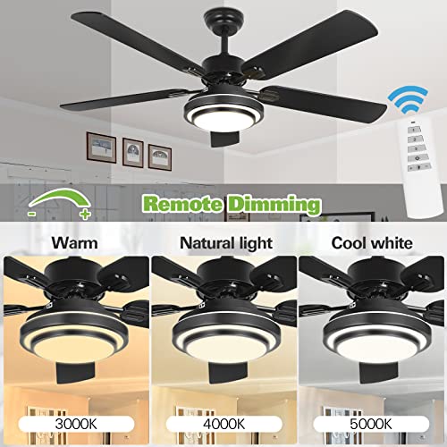 Image of hykolity 52 Inch Ceiling Fans with Lights (Integrated LED) Remote Control, Reversible Motor and Blades, ETL Listed, for Patio Living Room, Bedroom, Office - Black (5-Blades)