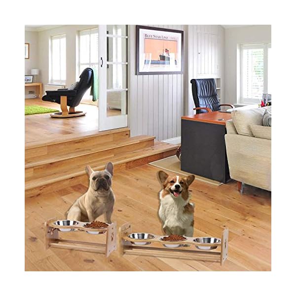 X-ZONE-PET-Raised-Pet-Bowls-for-Cats-and-Dogs-Adjustable-Bamboo-Elevated-Dog-Cat-Food-and-Water-Bowls-Stand-Feeder-with-2-Stainless-Steel-Bowls-and-Anti-Slip-Feet-Height-79-to-114-to-15 Adjustable Dog Food and Water Bowls