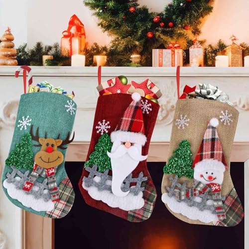 Hillylolly Calcetines Navidad 3 Piezas Calcetines Navidad Chimenea, Christmas Stocking, Botas de Navidad, Calcetines Navidad Personalizados, Decoracion Navidad para Chimenea/Escaleras (Cerca)