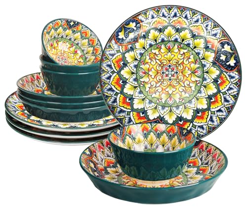 YA JU Mandala Dinnerware Sets (12 Pcs) Serves 4, Buffet Dinnerware, Boho Plates and Bowls Dish Set with 8