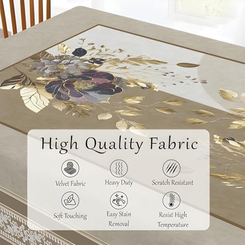 Image of Cloth Fusion Velvet Floral Dining Table Cover Cloth 6 Seater with Stunning Gold Foil Design for Home Decor (60x90 Inch, Taupe) Rectangular