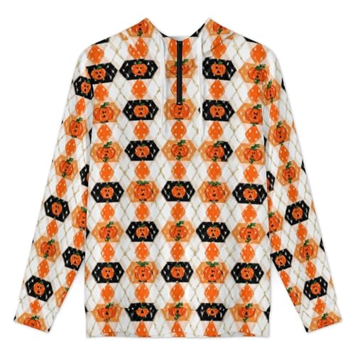 Halloween Argyle Plaid Pumpkin Men's Quarter Zip Drawstring Hoodies Long Sleeve Sweatshirt Casual Pullover3