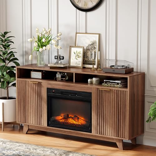 VINGLI Fluted Fireplace TV Stand for up to 70 inch TVs, Entertainment...