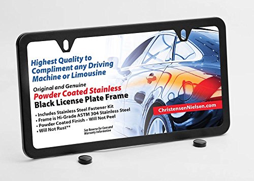 Black License Plate Frame 2 Holes, Stainless Steel Holder, Slim with Premium Stainless License Plate Screws Kit, Christensen and Nielsen