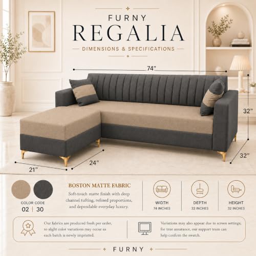 Image of FURNY Signature Regalia 4-Seater L-Shape Sofa Set with Movable Ottoman | Flexible LHS /RHS Layout | Boston Fabric | 40D Foam + Zigzag Spring | 3-Yr Warranty (Ash Grey & Warm Beige)