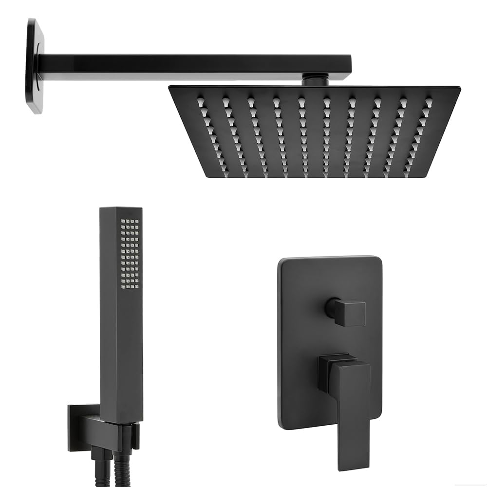 Set doccia a incasso completo nero opaco con deviatore, soffione quadrato 25 cm e kit doccia completo con presa acqua e laccio, KUBO