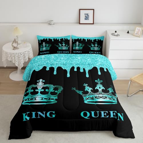 Image of Feelyou Couple Crown King Queen Comforter Twin Size, Mr Mrs Bedding Set Anniversary Comforter Set for Couple Man Woman Romantic Duvet Set Couple Bed Set 2Pcs